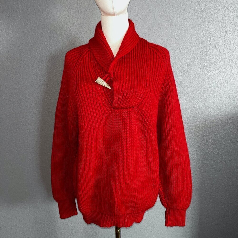 NORTHERN WATTERS KNITWEAR Canada Men's Red 100% Wool Shawl Collar Sweater Sz. 40